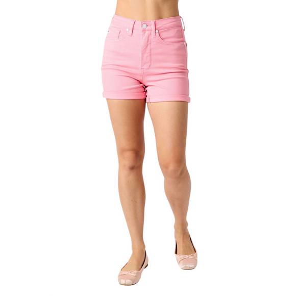 NEW JUDY BLUE high-rise tummy control denim shorts in pink - Picture 1 of 5